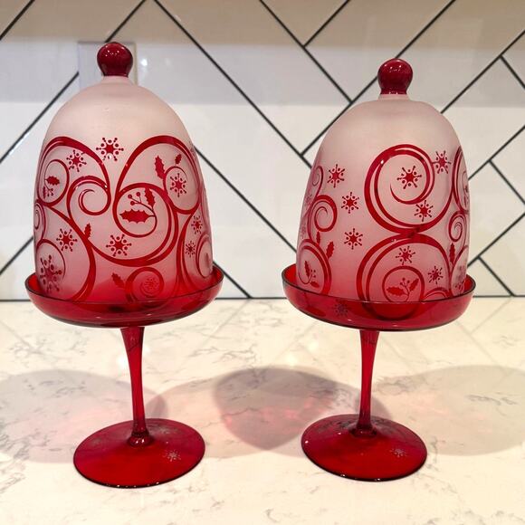 Vintage scroll red frosted glass mini cloches bell jars red stand Christmas rare - Picture 1 of 12